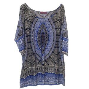 Melissa Masse Black Blue Patterned Scoop Neck Tunic Top Blouse Plus Sz 3X